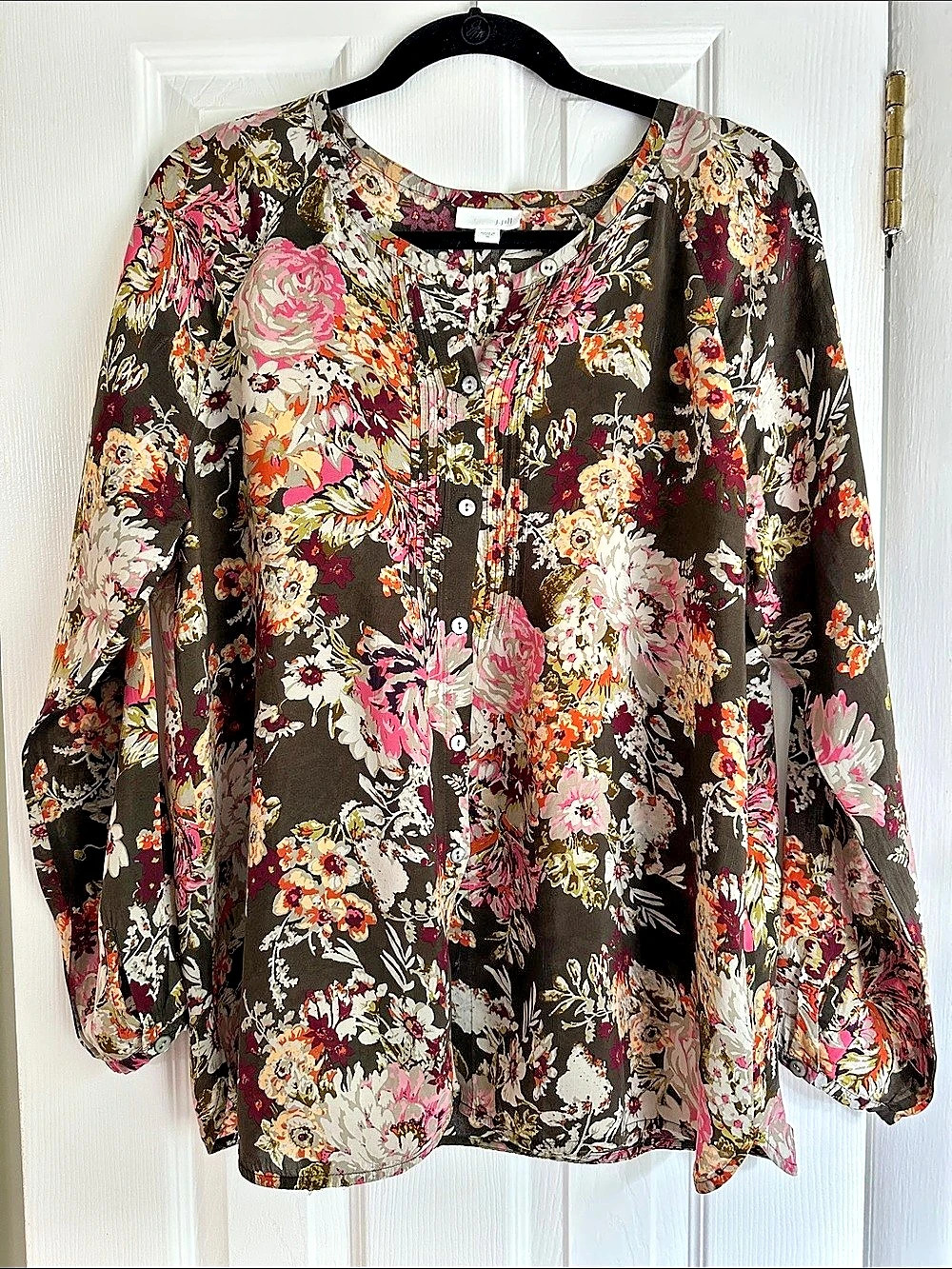 J.Jill Floral Pleated Blouse in Brown & Pink Size Medium
